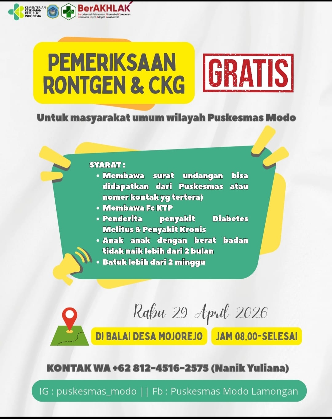 Foto: Informasi Pemeriksaan Rontgen dan CKG Gratis di Puskesmas Modo