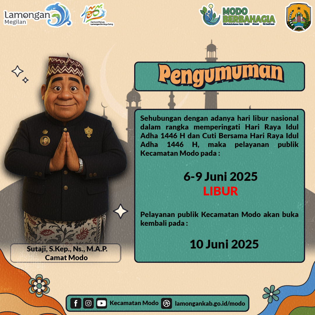 PENGUMUMAN LIBUR PELAYANAN PUBLIK KECAMATAN MODO DALAM RANGKA HARI RAYA IDUL ADHA 1446 H