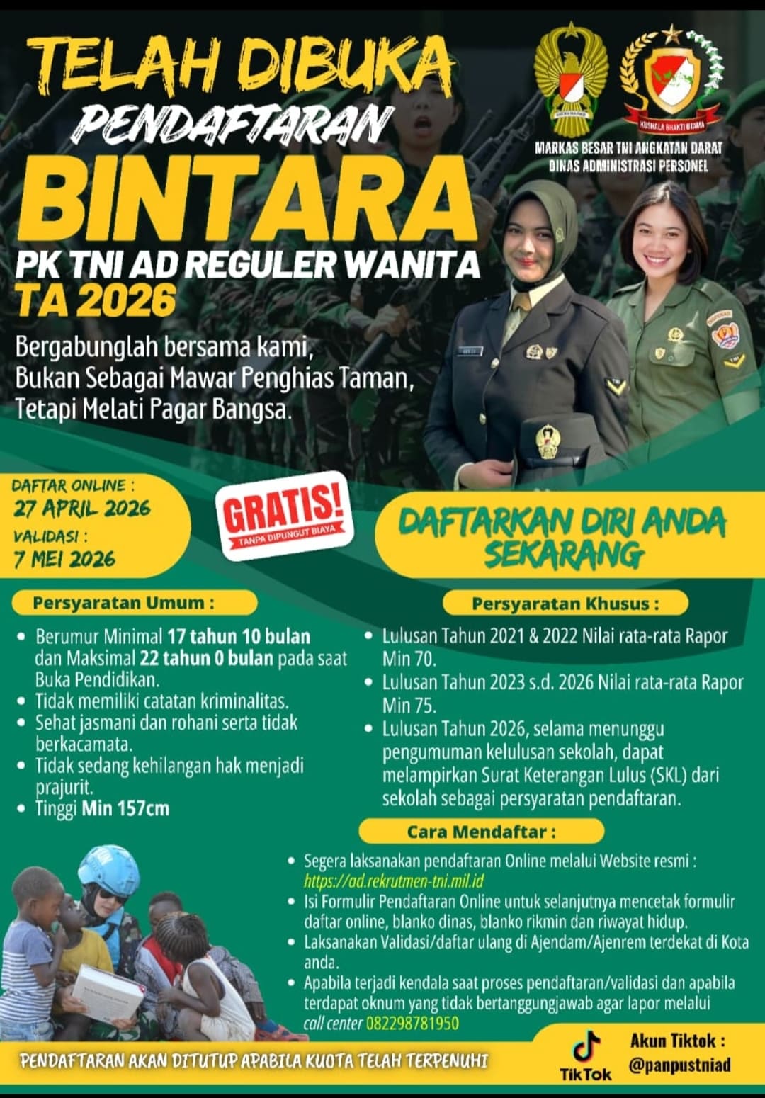 Foto: Telah Dibuka Pendaftaran Bintara PK TNI AD Reguler Wanita Tahun 2026