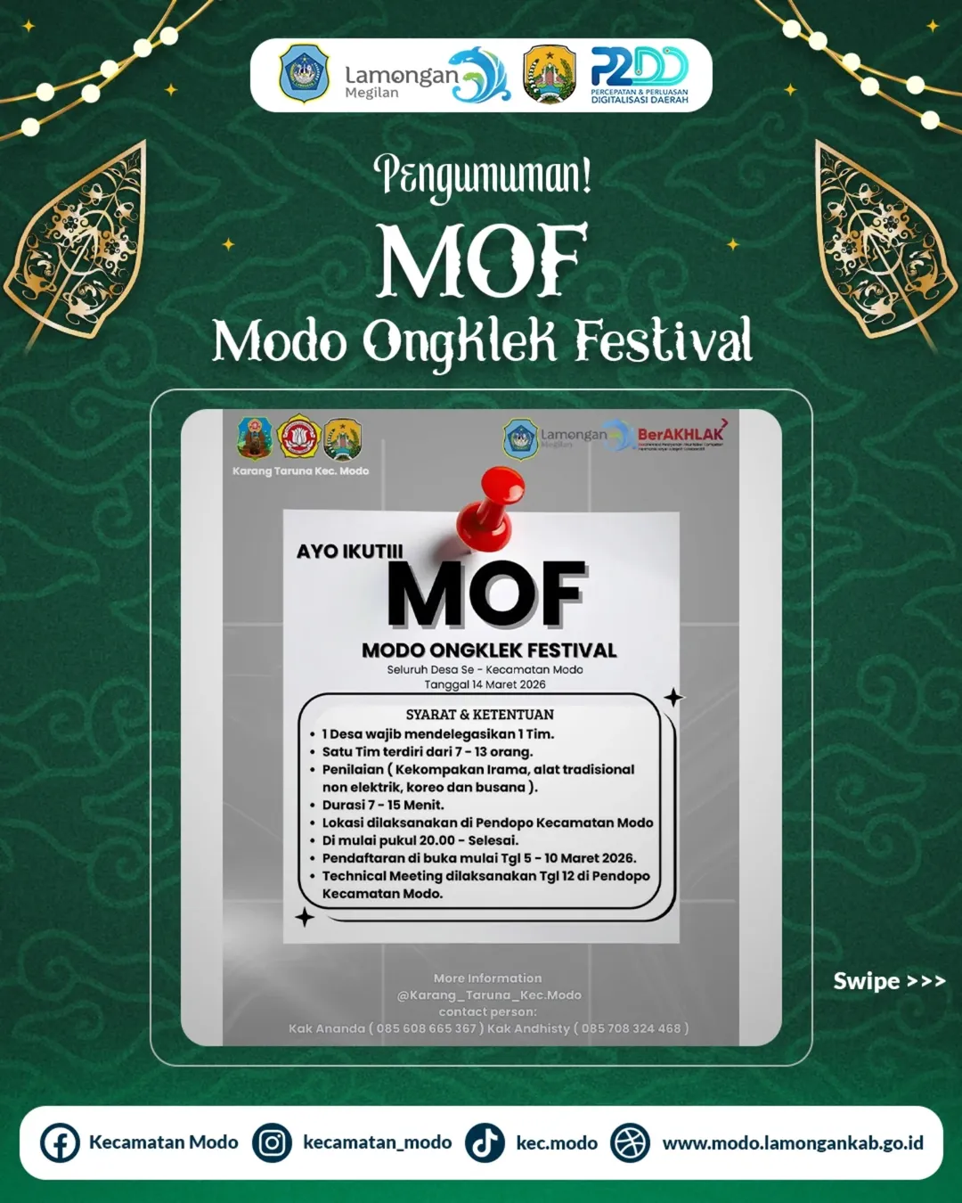 Foto: Ayoo datang dan ikutiii Kegiatan Modo Ongklek Festival (MOF) di Pendopo Kecamatan Modo