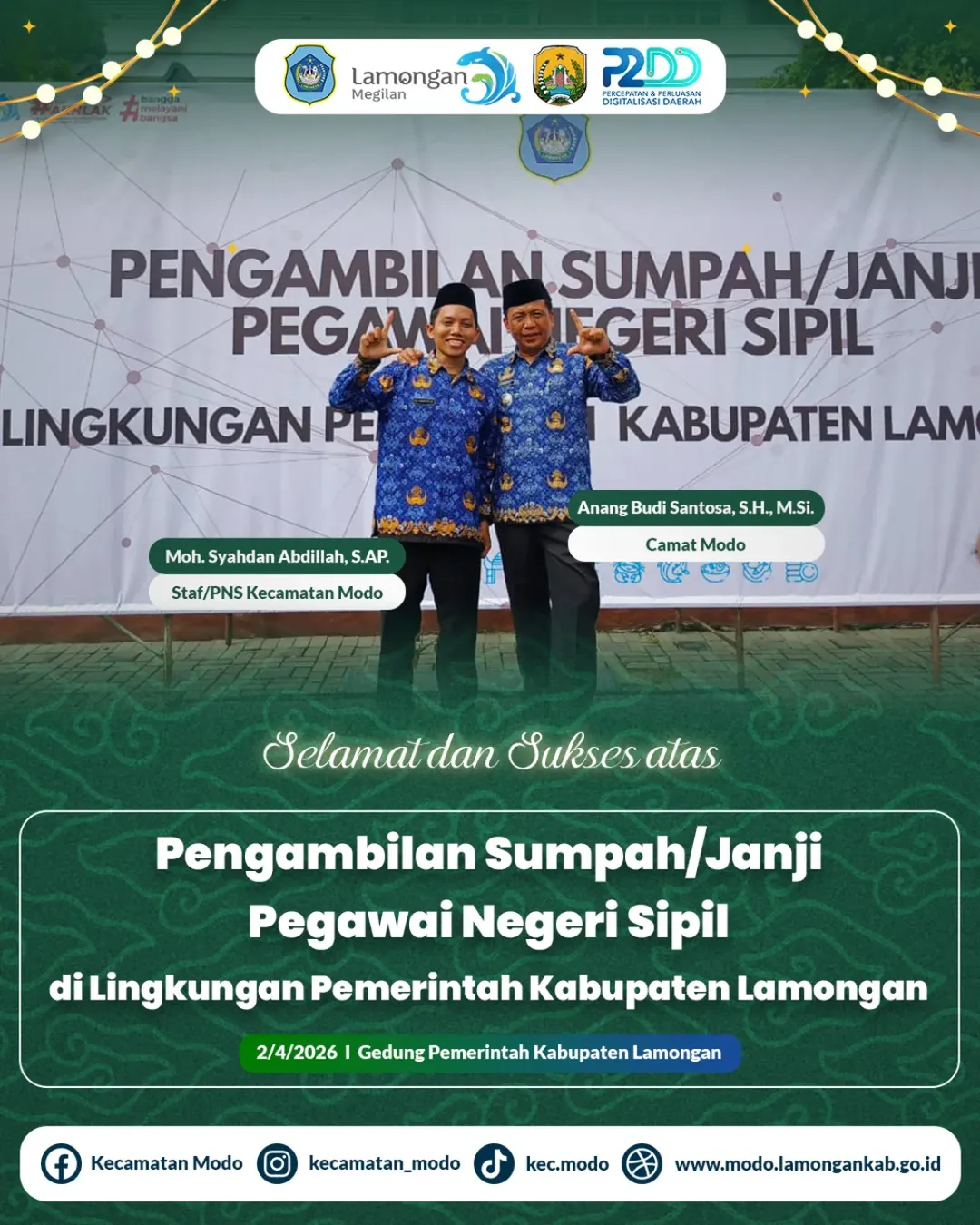 Foto: Selamat dan Sukses Atas Pengambilan Sumpah/Janji Pegawai Negeri Sipil (PNS) di Lingkungan Pemerintah Kabupaten Lamongan