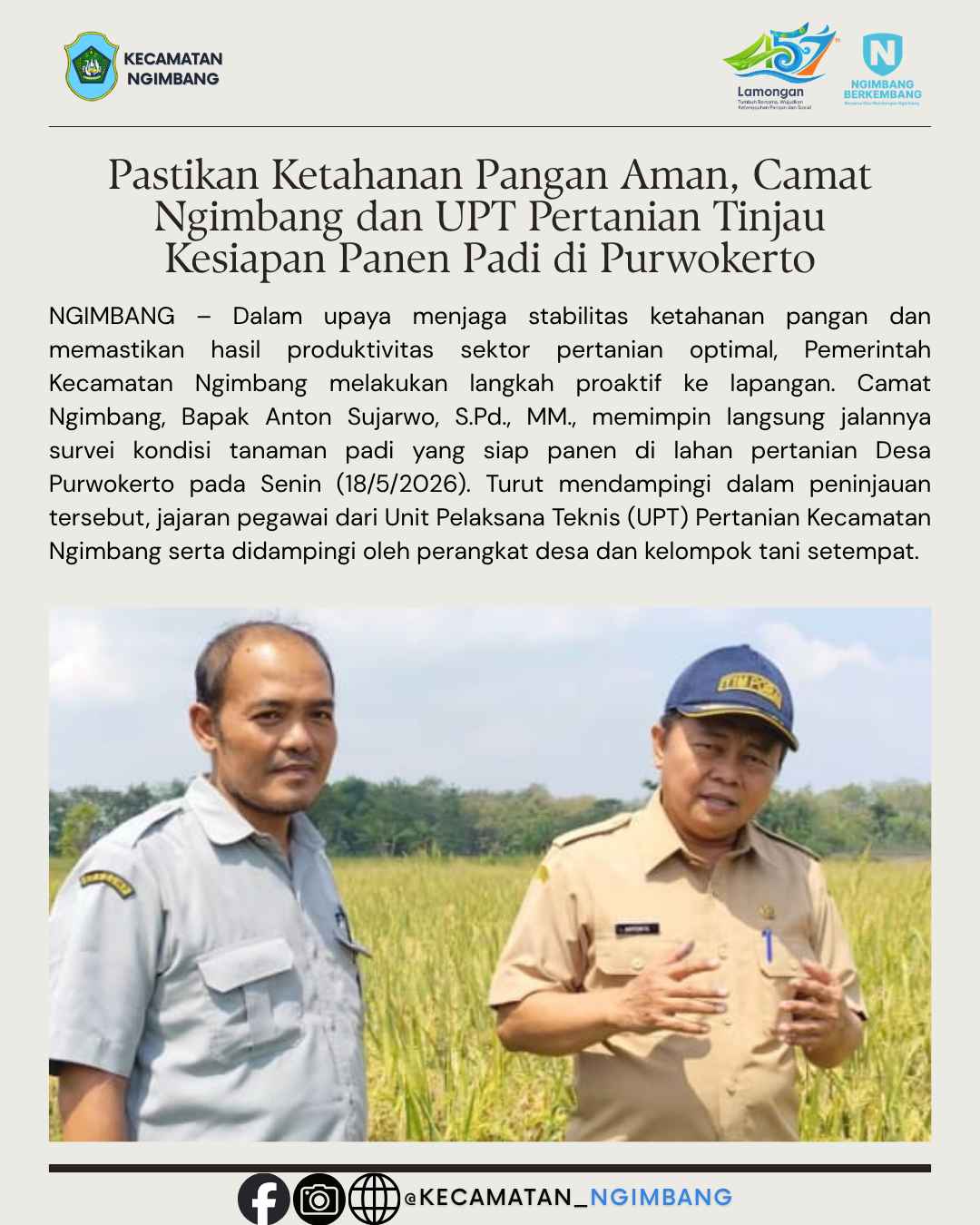 Pastikan Ketahanan Pangan Aman, Camat Ngimbang dan UPT Pertanian Tinjau Kesiapan Panen Padi di Purwokerto