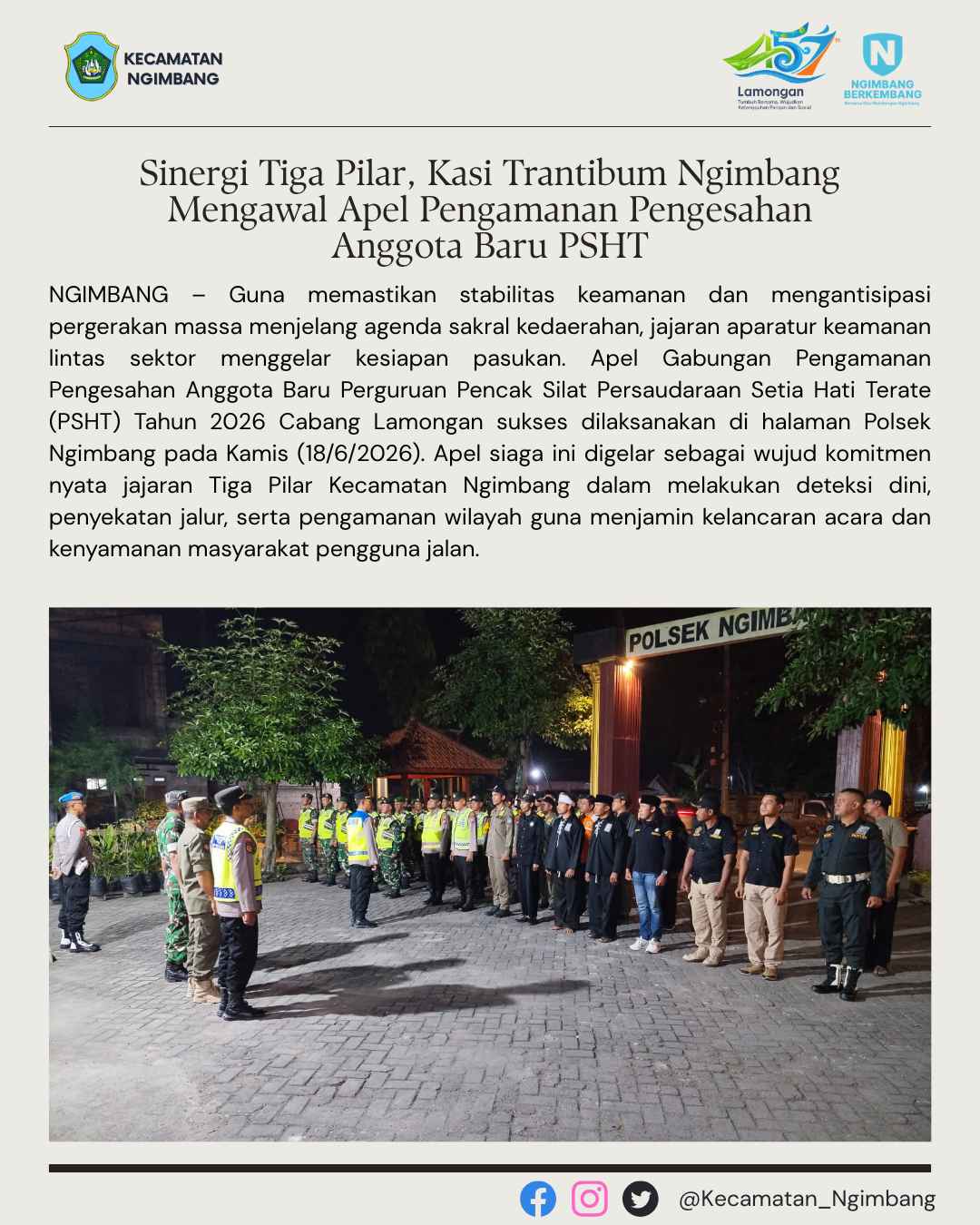 Foto: Sinergi Tiga Pilar, Kasi Trantibum Ngimbang Mengawal Apel Pengamanan Pengesahan Anggota Baru PSHT