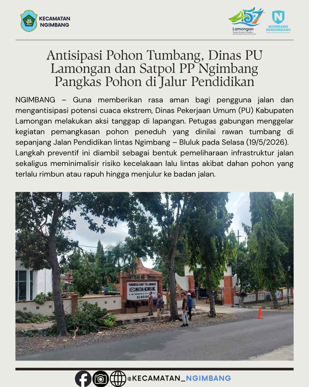 Antisipasi Pohon Tumbang, Dinas PU Lamongan dan Satpol PP Ngimbang Pangkas Pohon di Jalur Pendidikan