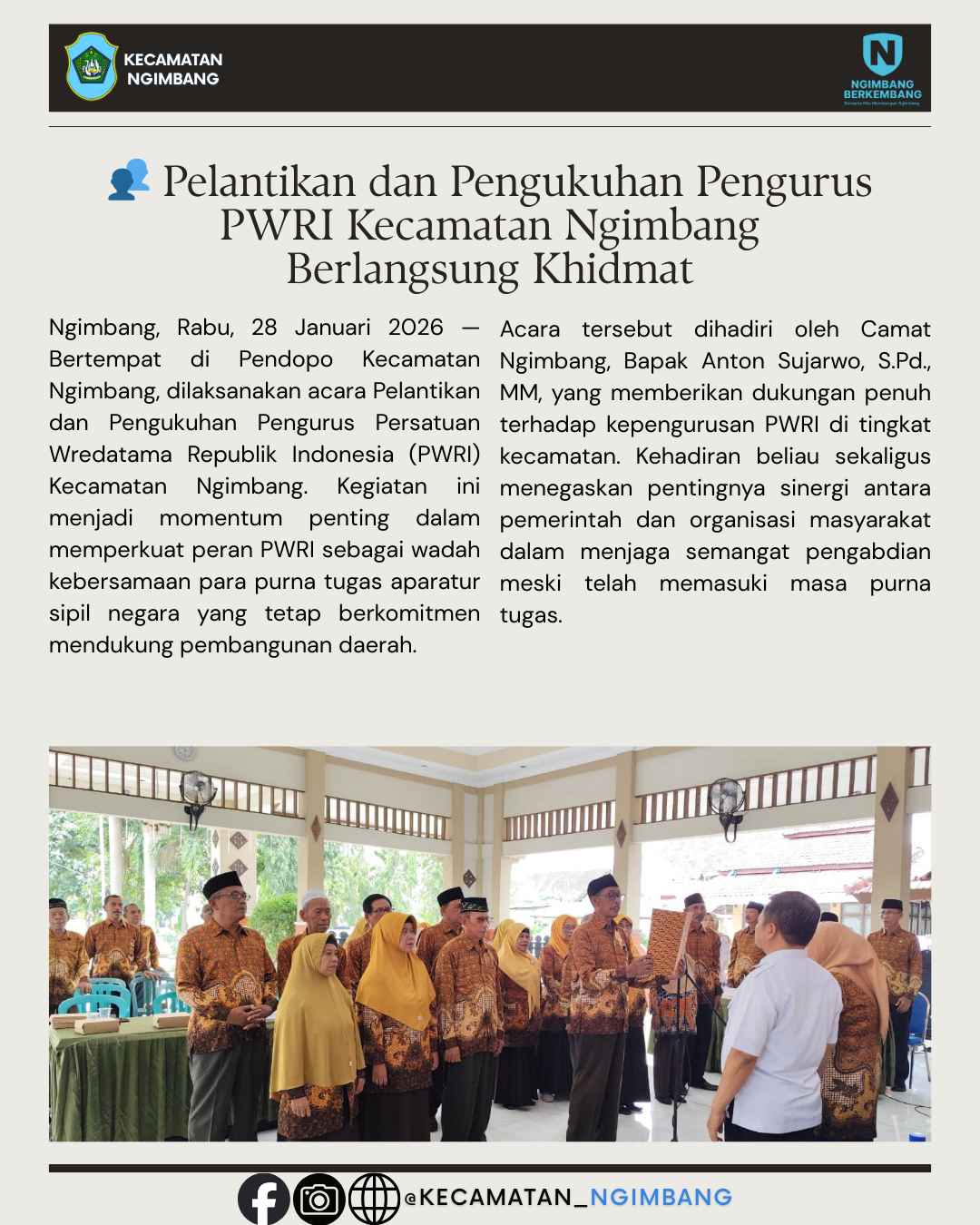 👥 Pelantikan dan Pengukuhan Pengurus PWRI Kecamatan Ngimbang Berlangsung Khidmat