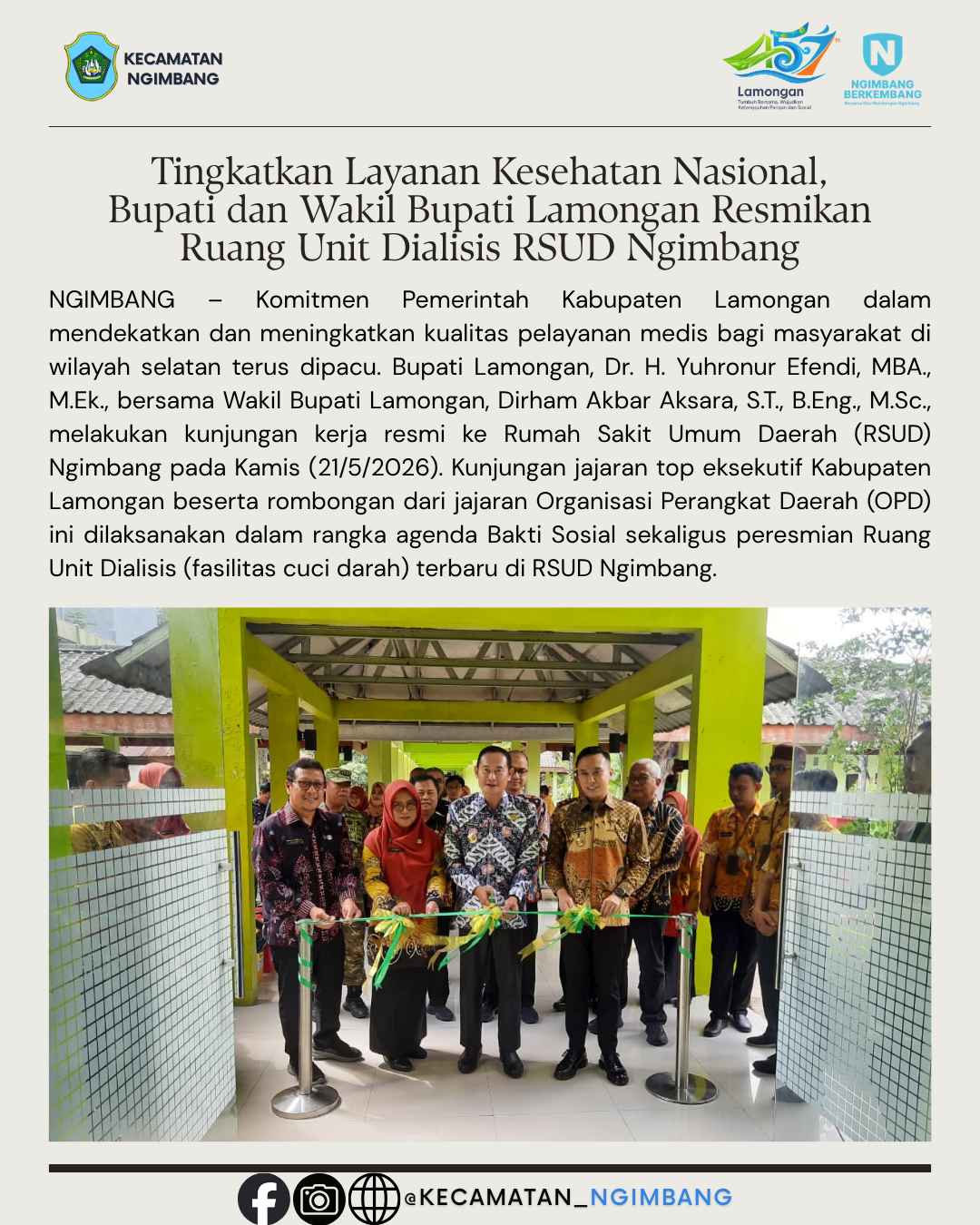 Tingkatkan Layanan Kesehatan Nasional, Bupati dan Wakil Bupati Lamongan Resmikan Ruang Unit Dialisis RSUD Ngimbang