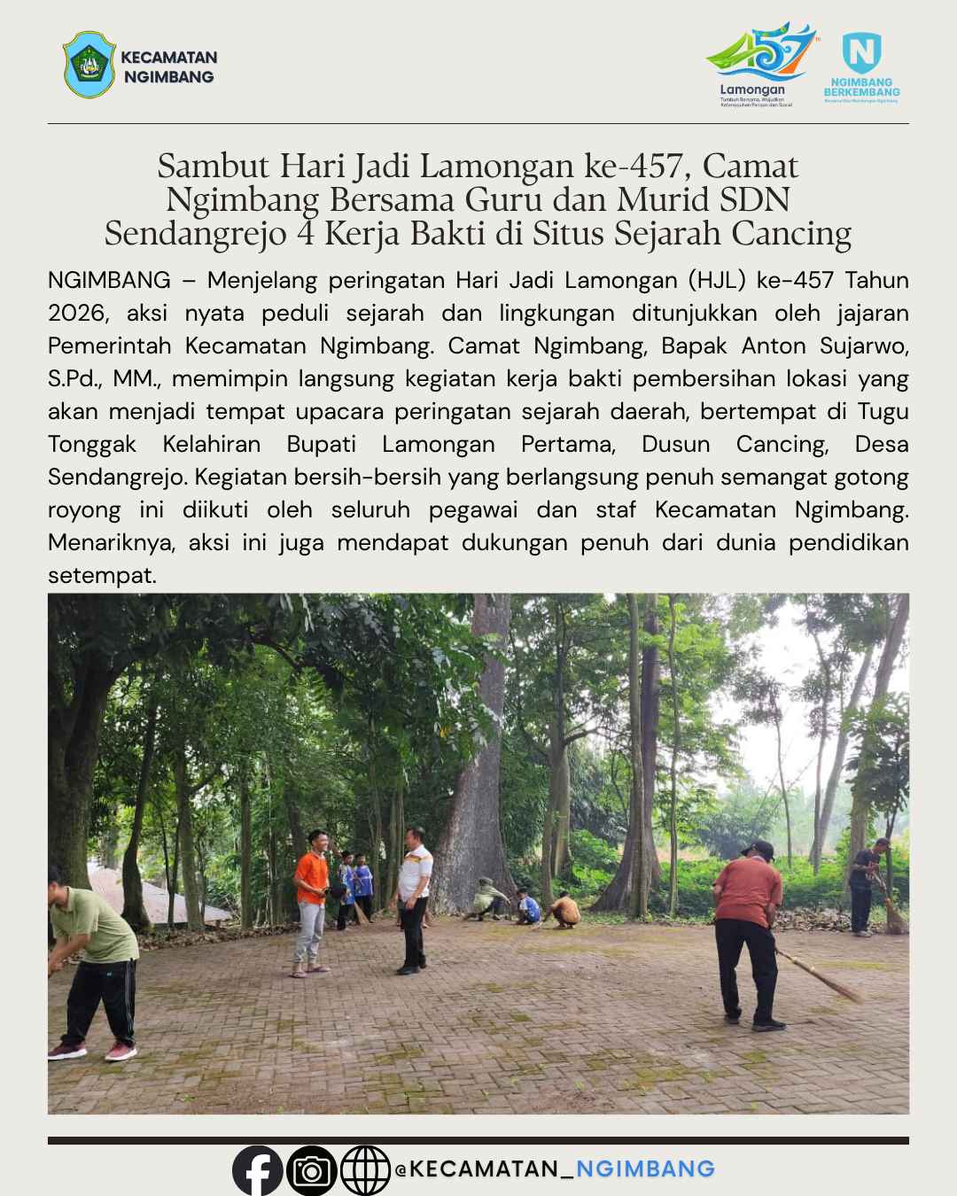 Sambut Hari Jadi Lamongan ke-457, Camat Ngimbang Bersama Guru dan Murid SDN Sendangrejo 4 Kerja Bakti di Situs Sejarah Cancing