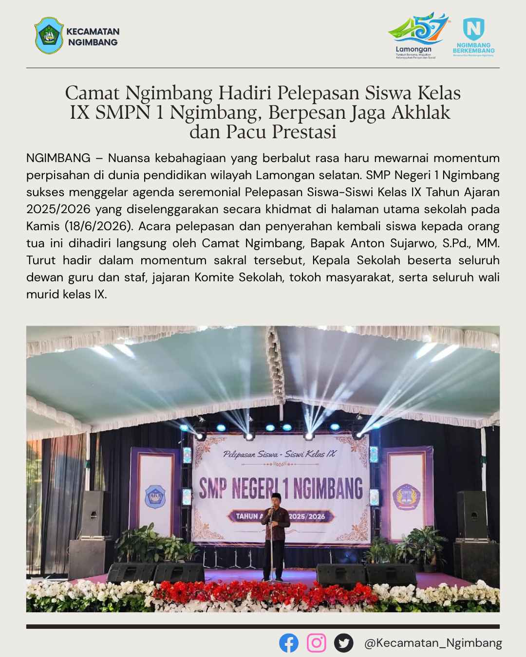 Foto: Camat Ngimbang Hadiri Pelepasan Siswa Kelas IX SMPN 1 Ngimbang, Berpesan Jaga Akhlak dan Pacu Prestasi