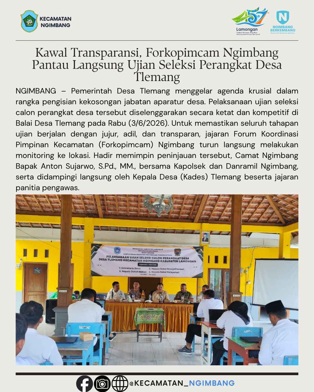 Kawal Transparansi, Forkopimcam Ngimbang Pantau Langsung Ujian Seleksi Perangkat Desa Tlemang