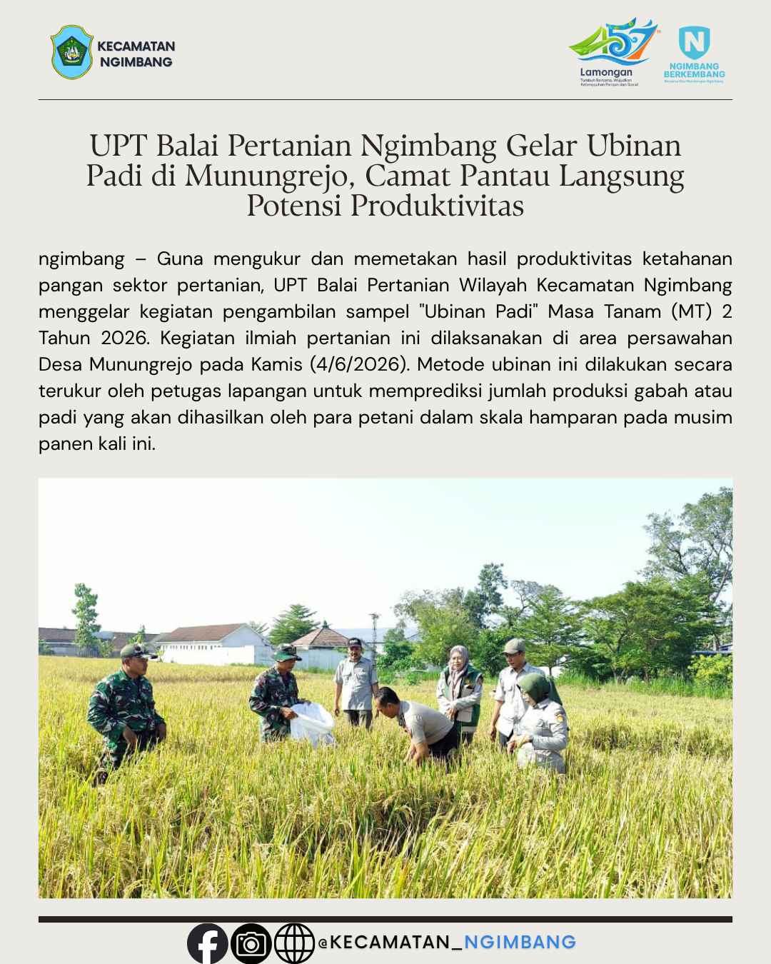 UPT Balai Pertanian Ngimbang Gelar Ubinan Padi di Munungrejo, Camat Pantau Langsung Potensi Produktivitas