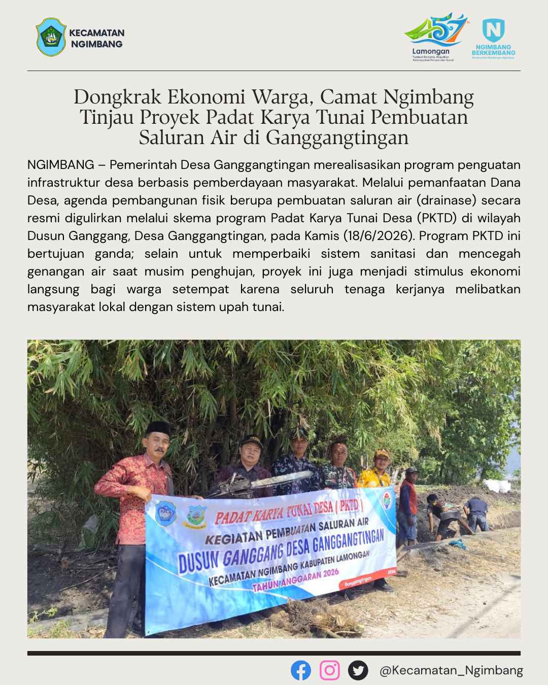 Foto: Dongkrak Ekonomi Warga, Camat Ngimbang Tinjau Proyek Padat Karya Tunai Pembuatan Saluran Air di Ganggangtingan