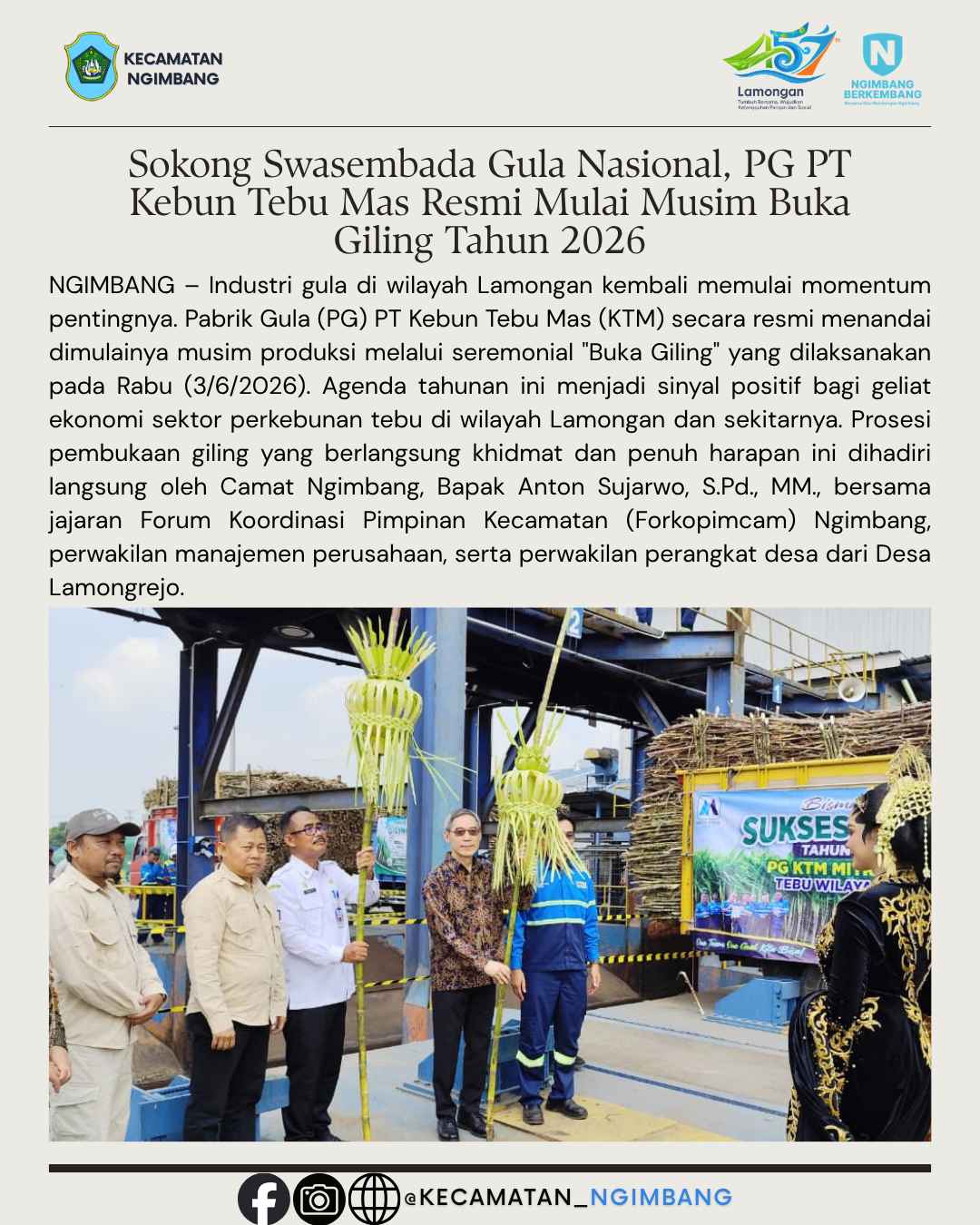 Sokong Swasembada Gula Nasional, PG PT Kebun Tebu Mas Resmi Mulai Musim Buka Giling Tahun 2026
