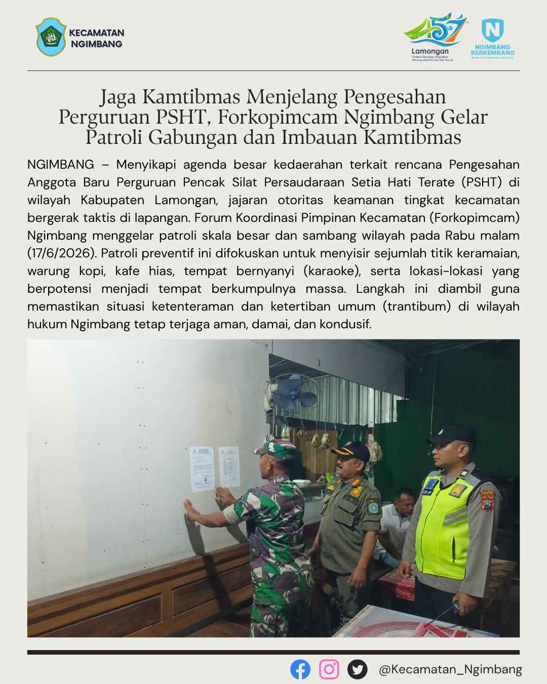 Foto: Jaga Kamtibmas Menjelang Pengesahan Perguruan PSHT, Forkopimcam Ngimbang Gelar Patroli Gabungan dan Imbauan Kamtibmas