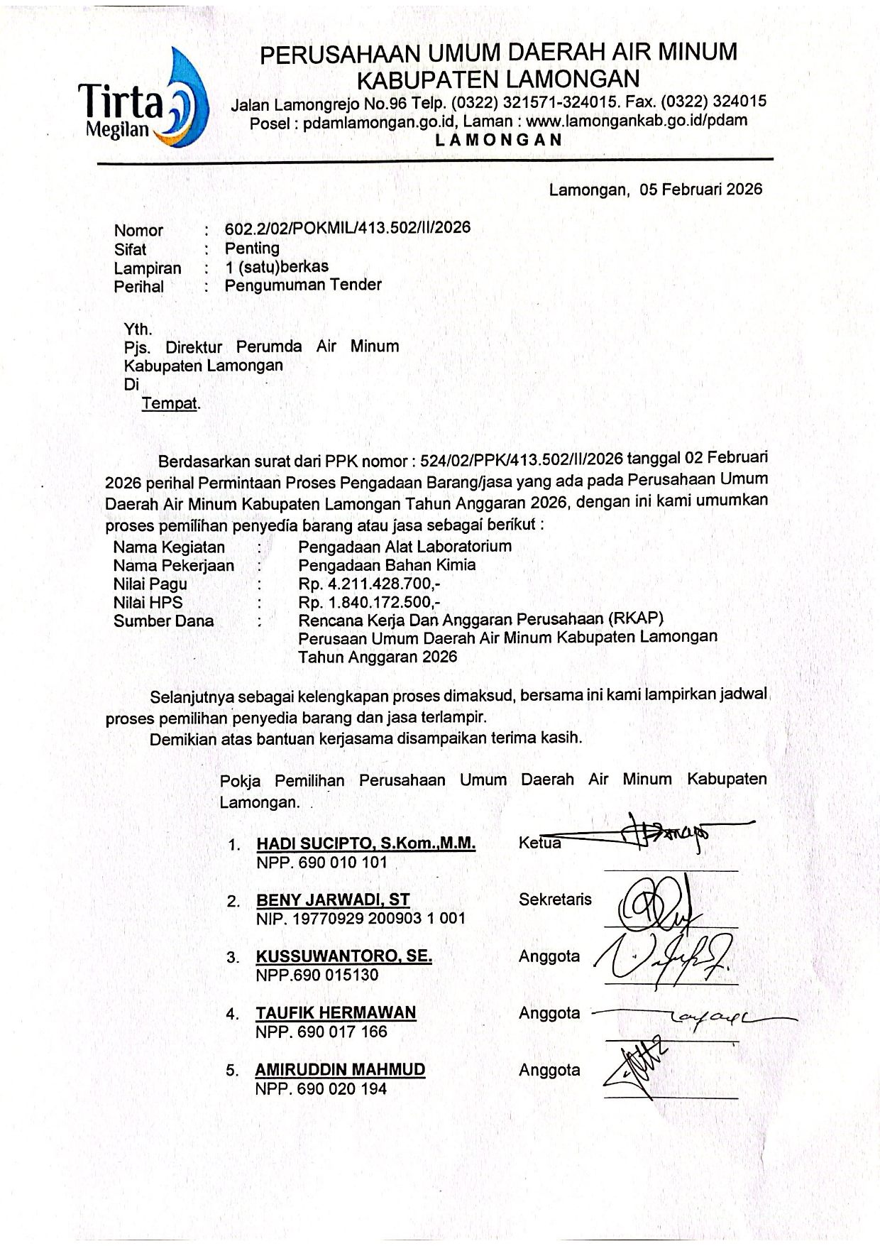 Foto: Diumumkan lelang/Tender Pengadaan Bahan Kimia di Perumda Air Minum Kabupaten Lamongan Tahun 2026