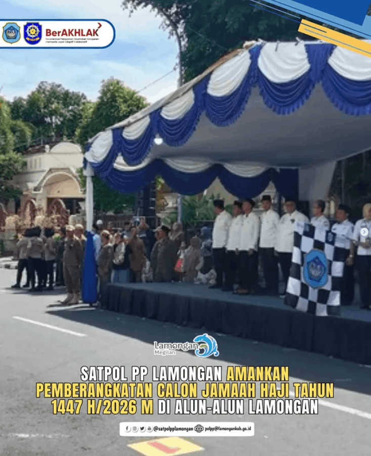 Foto: Satpol PP Lamongan Amankan Pemberangkatan Calon Jamaah Haji Tahun 1447 H/2026 M di Alun-Alun Lamongan