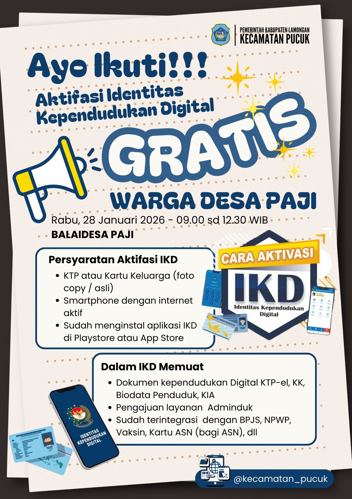 Foto: Pengumuman Kegiatan Pendaftaran Identitas Kependudukan Digital (IKD) 28 Januari 2026 Di Desa Paji Kec. Pucuk Kab. Lamongan