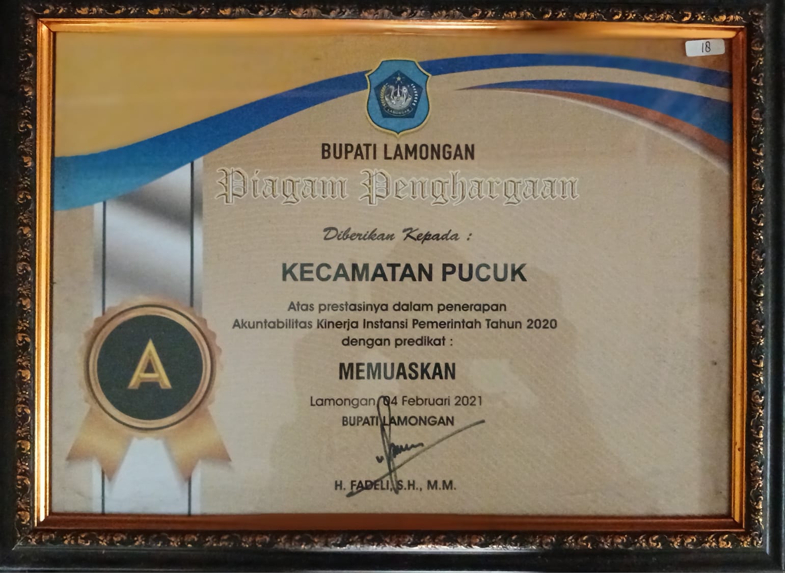 Foto: Penghargaan Prestasi Kecamatan Pucuk Dalam Penerapan Akuntabilitas Kinerja Instansi Pemerintah di Tahun 2020