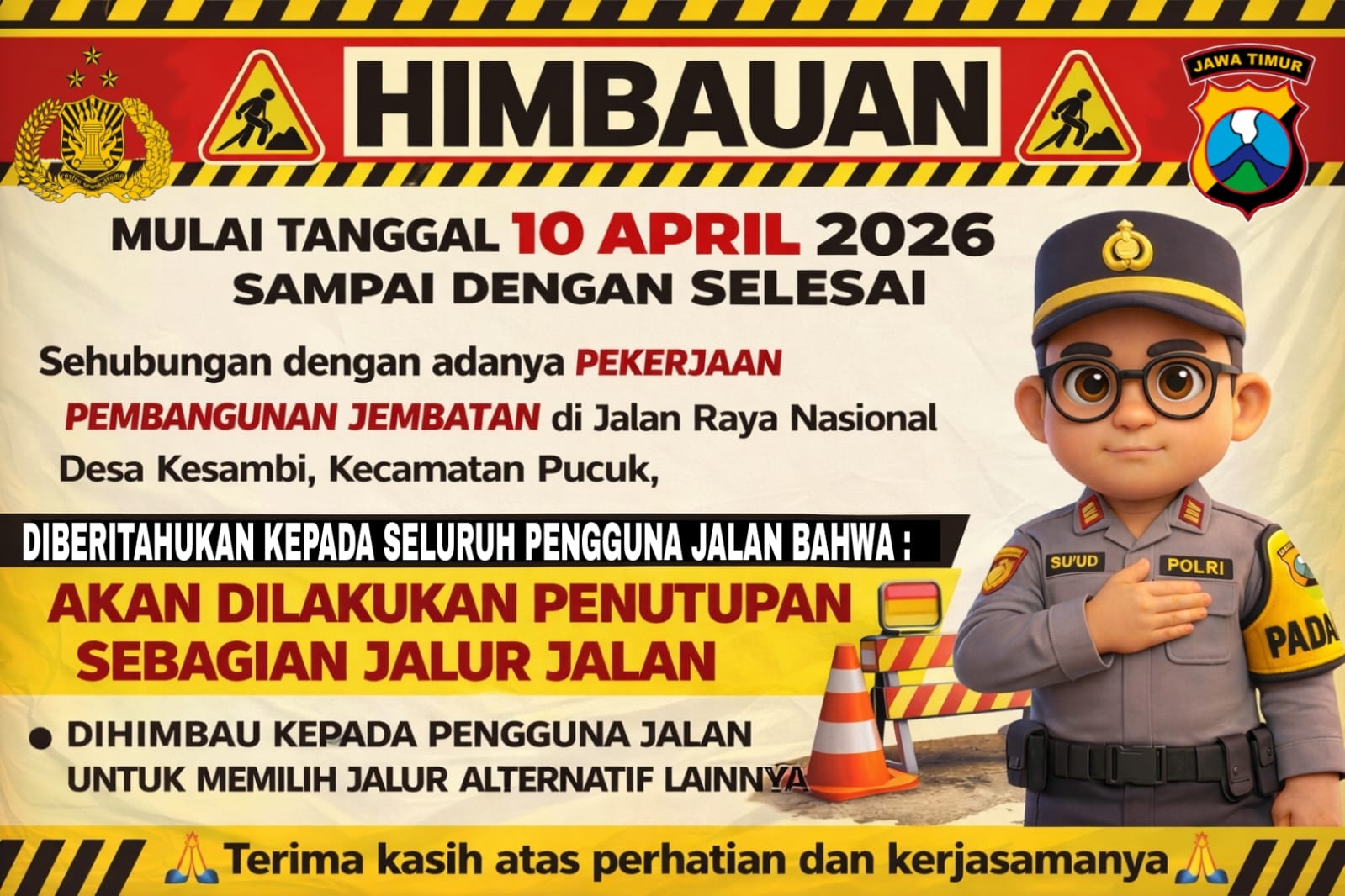 HIMBAUAN PEKERJAAN PEMBANGUNAN JEMBATAN JALAN RAYA NASIONAL DESA KESAMBI, KECAMATAN PUCUK KABUPATEN LAMONGAN 2026