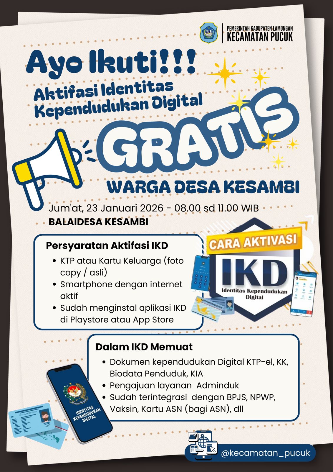 Foto: Pengumuman Kegiatan Pendaftaran Identitas Kependudukan Digital (IKD) tanggal 23 Januari Tahun 2026 Di Desa Kesambi Kec. Pucuk Kab. Lamongan