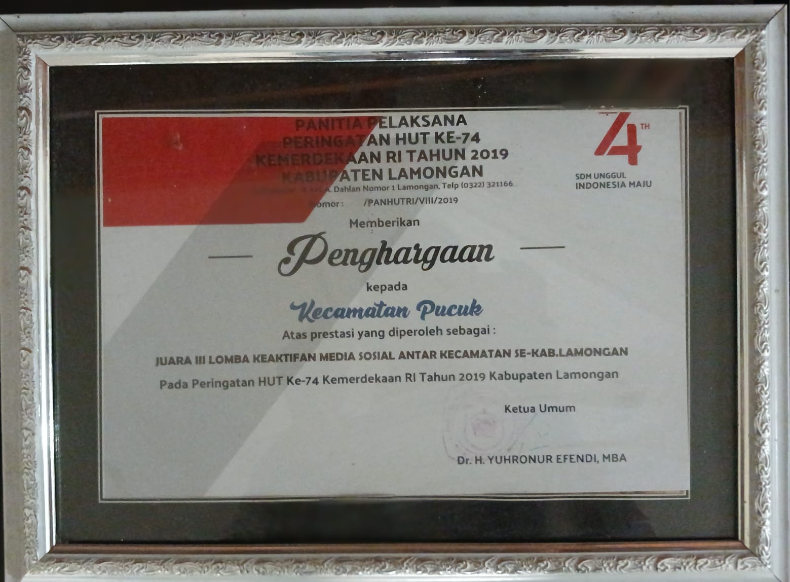 Foto: Penghargaan Prestasi Kecamatan Pucuk Lomba Keaktifan Media Sosial Antar Kecamatan se -Kab. Lamongan di Tahun 2019