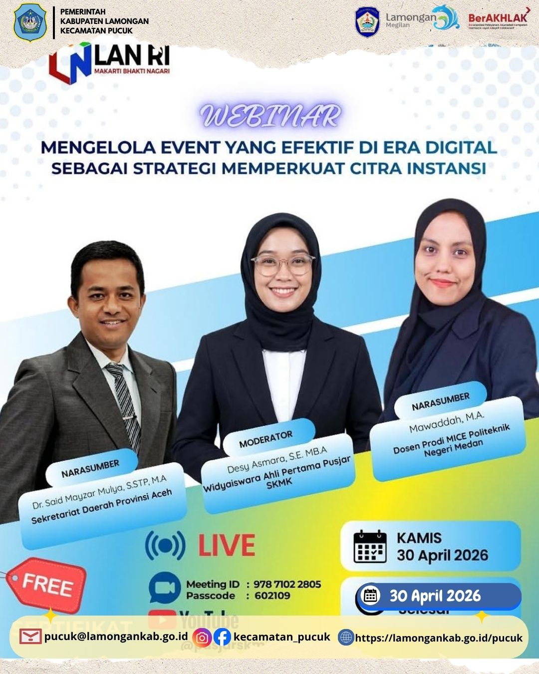 Foto: Pengumuman Kegiatan Webinar Mengelola event yang efektif di era digital sebagai strategi memperkuat citra instansi Tahun 2026