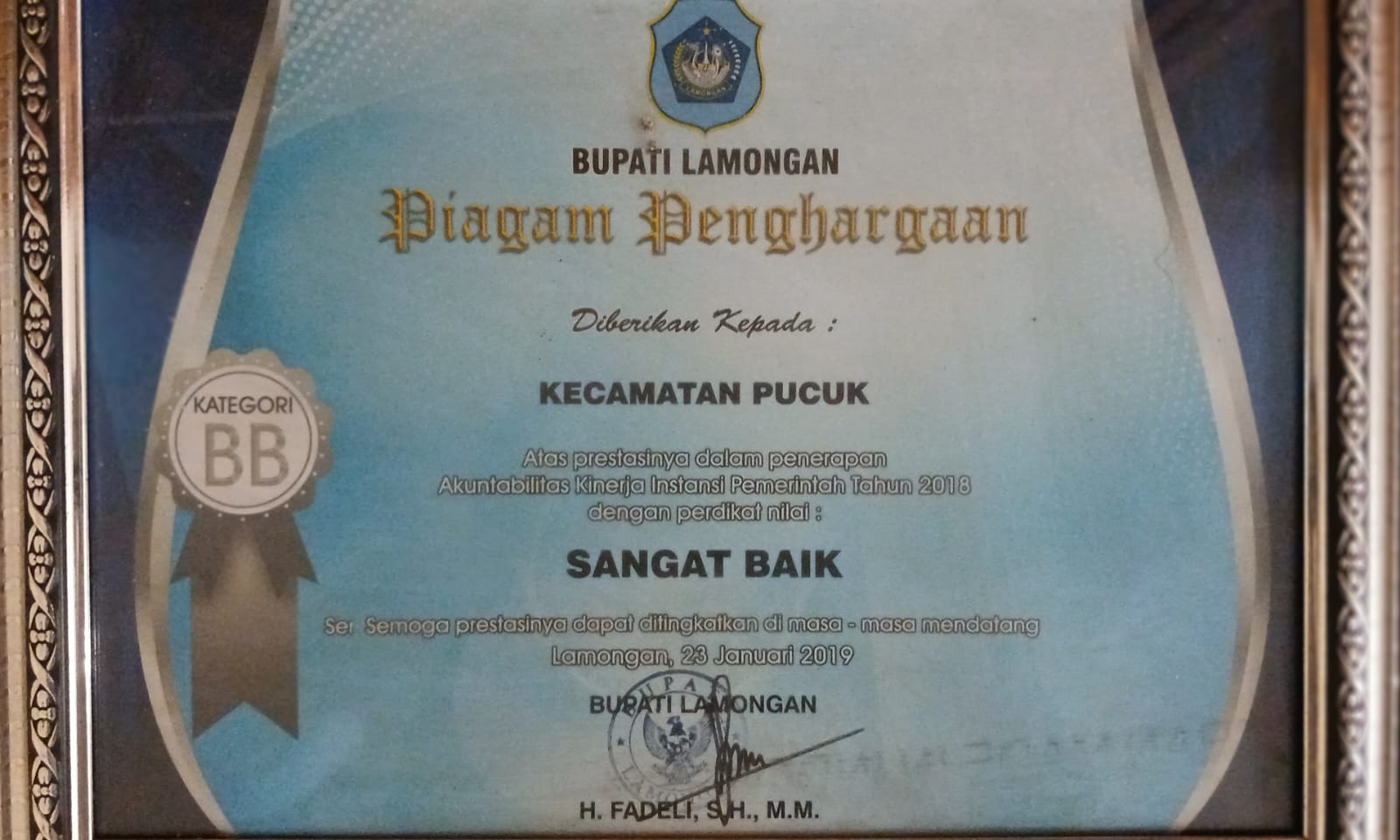 Foto: Penghargaan Prestasi Kecamatan Pucuk Dalam Penerapan Akuntabilitas Kinerja Instansi Pemerintah di Tahun 2018