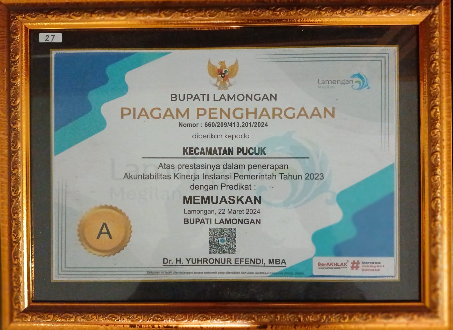 Foto: Penghargaan Prestasi Kecamatan Pucuk Dalam Penerapan Akuntabilitas Kinerja Instansi Pemerintah di Tahun 2023