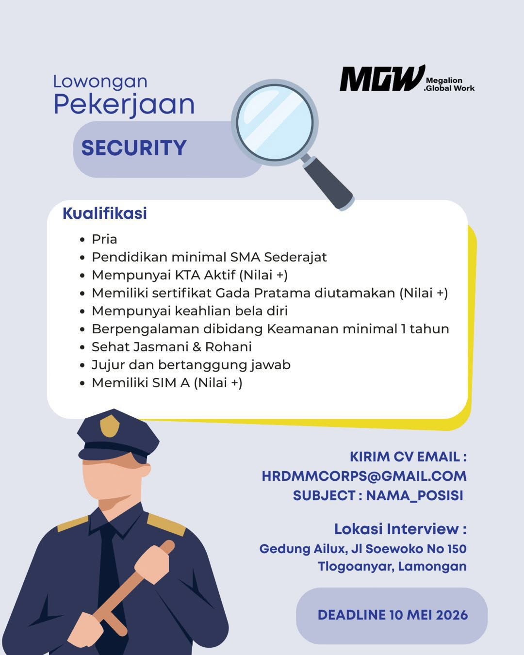 Foto: Lowongan Kerja Security MGW Megalion Global Work Tahun 2026