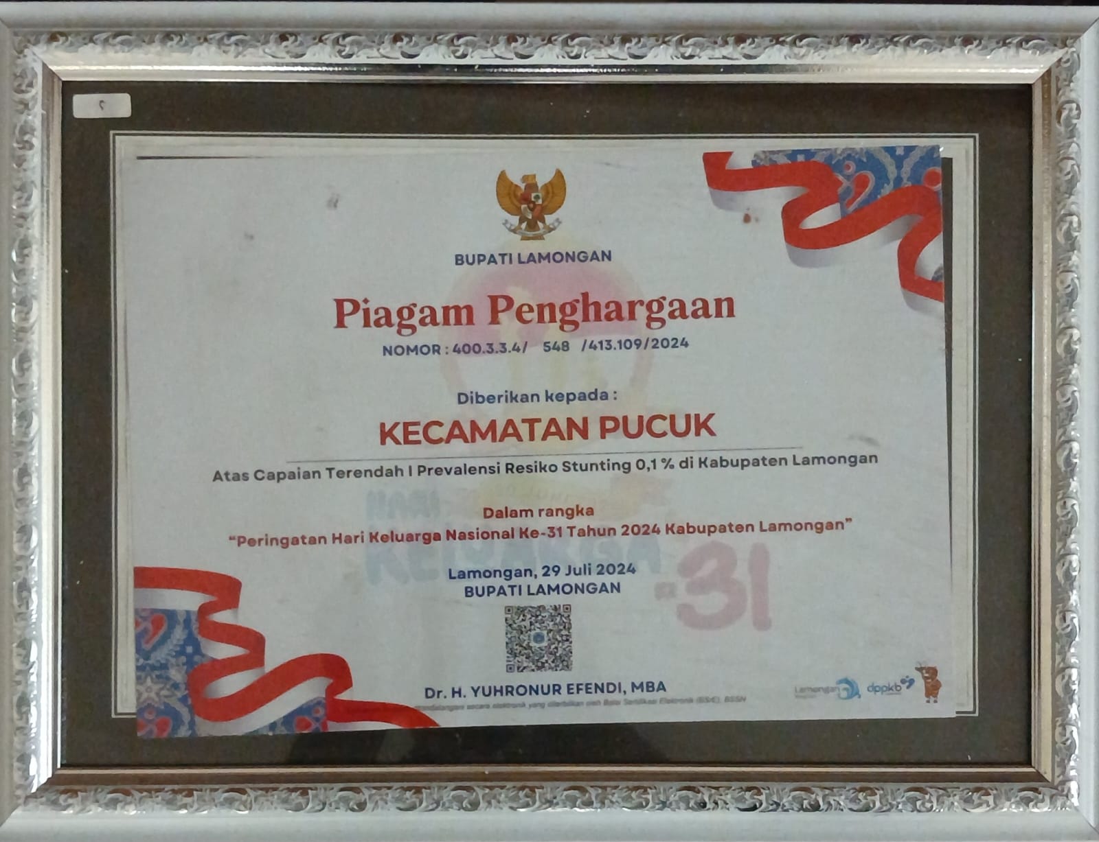 Foto: Penghargaan Kecamatan Pucuk Atas Capaian Terendah I Pravelensi Resiko Stunting 0,1% Kab.Lamongan di Tahun 2024
