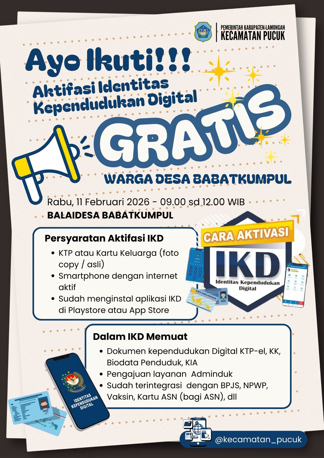 Pengumuman Kegiatan Pendaftaran Identitas Kependudukan Digital (IKD) 11 Februari 2026 Di Desa Babatkumpul Kec. Pucuk Kab. Lamongan