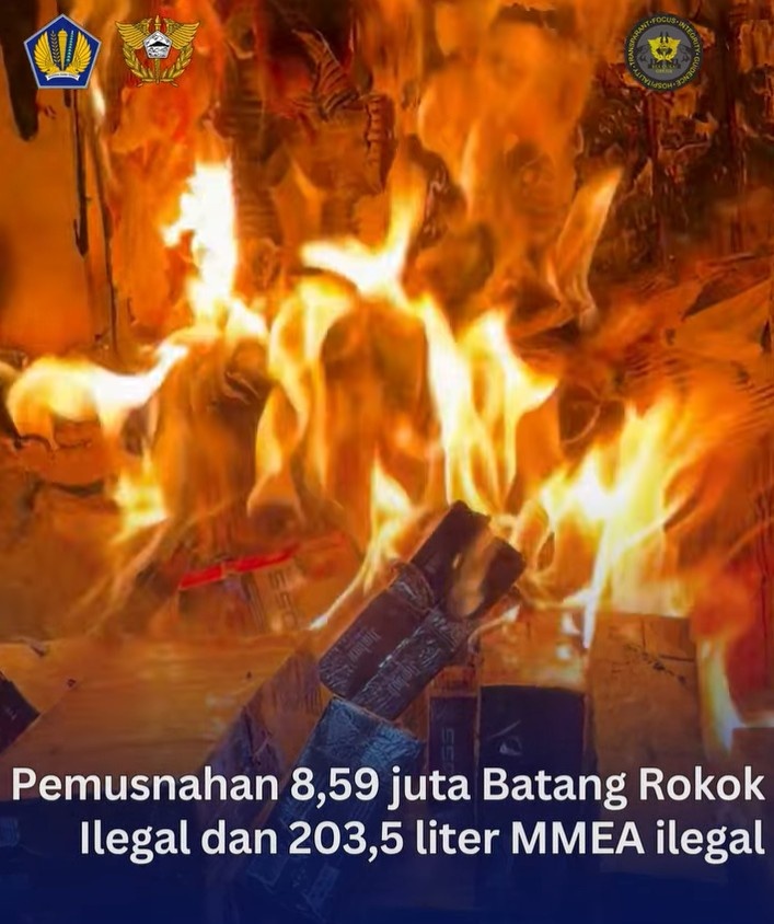 Foto: pemusnahan Barang yang Menjadi Milik Negara (BMMN) hasil penindakan periode November 2025 hingga Februari 2026 berupa 8,59 juta batang rokok ilegal dan 203,5 liter minuman mengandung etil alkohol (MMEA)
