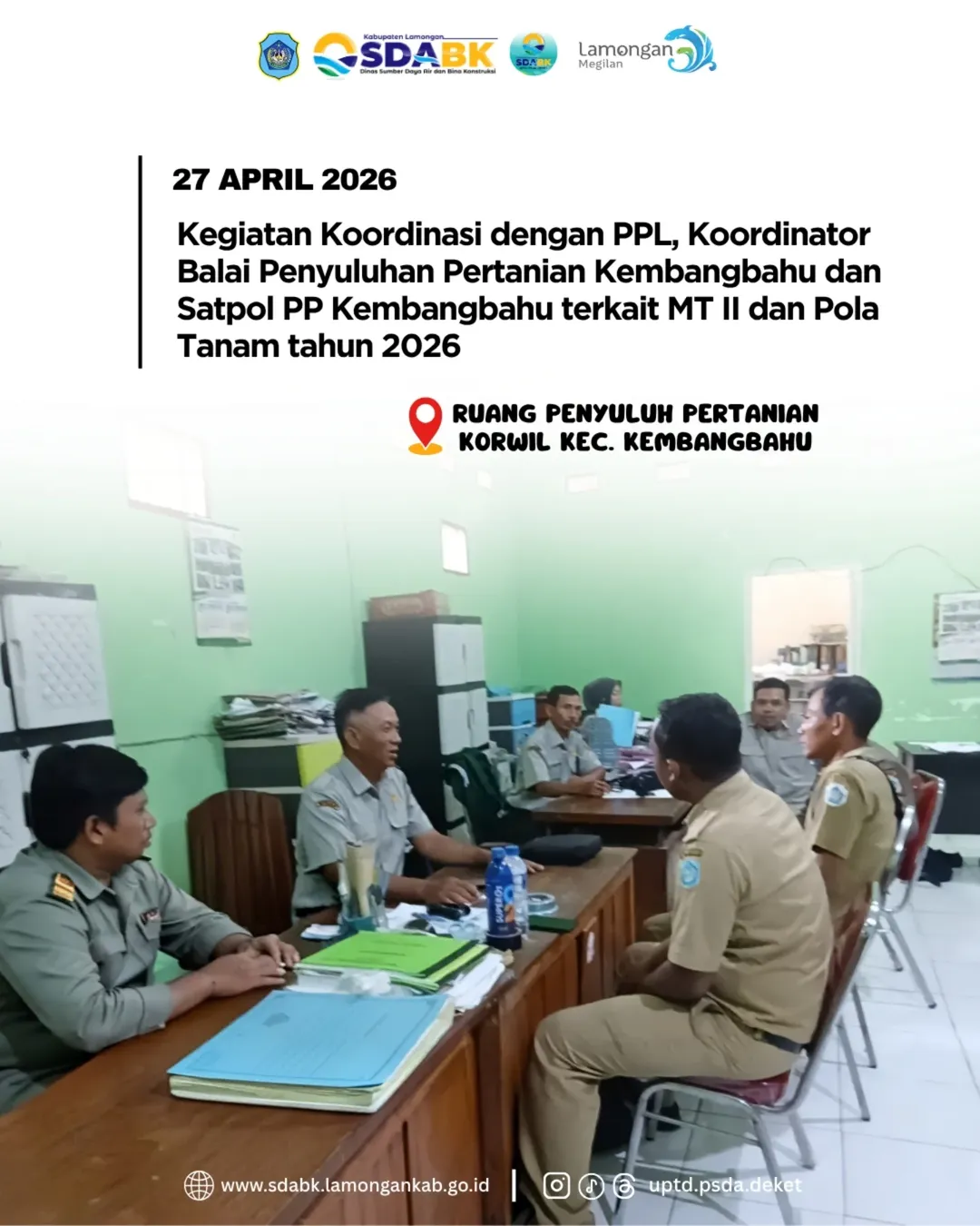 Foto: Koordinasi dengan PPL, Koordinator Balai Penyuluhan Pertanian Kembangbahu, dan Satpol PP Kembangbahu terkait MT II (Musim Tanam II) dan Pola Tanam Tahun 2026