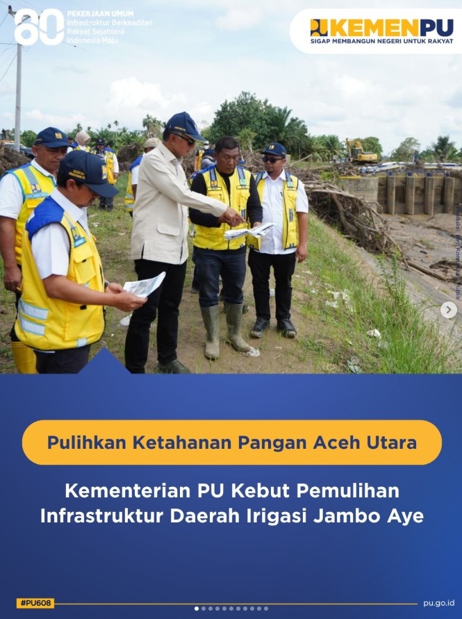Foto: Menteri Pekerjaan Umum Dody Hanggodo meninjau langsung Bendung Jambo Aye yang terdampak bencana banjir di Langkahan, Aceh Utara, pada Kamis, 1 Januari 2025.