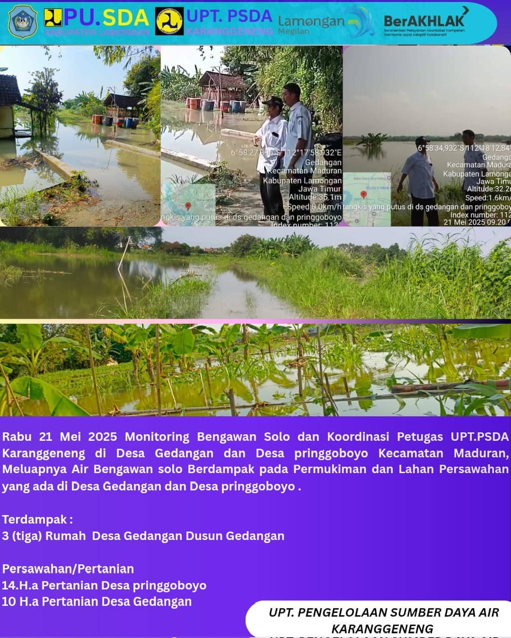 Koordinasi Petugas UPT PSDA Karanggeneng di Desa Gedangan dan Desa Pringgoboyo Kecamatan Maduran