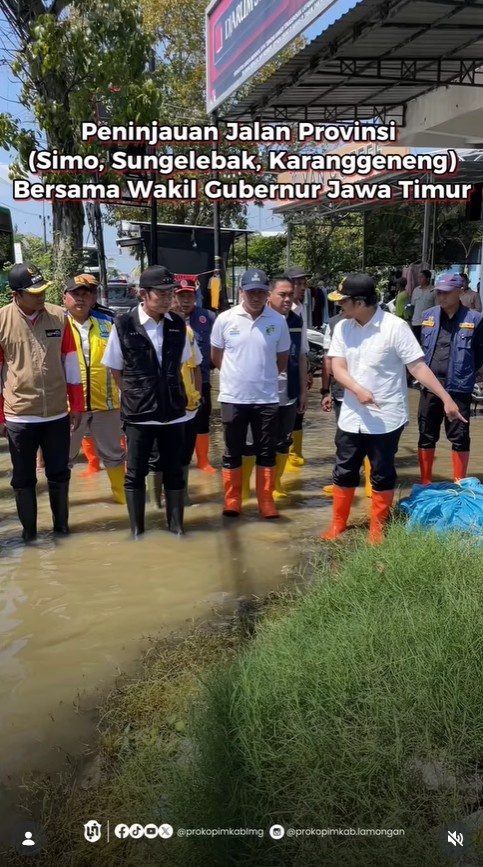 Foto: Bupati Lamongan Yuhronur Efendi mendampingi Wakil Gubernur Jawa Timur Emil Elestianto Dardak meninjau langsung genangan di Desa Sungelebak, Karanggeneng.