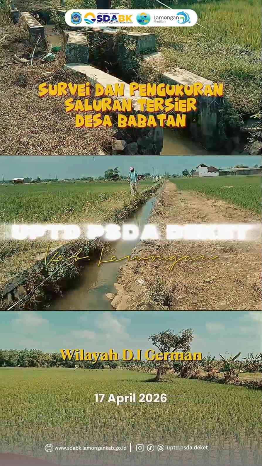 Kegiatan survei dan pengukuran pada saluran tersier di daerah Dusun Babatan, Desa Sekarbagus, Kecamatan Sugio.