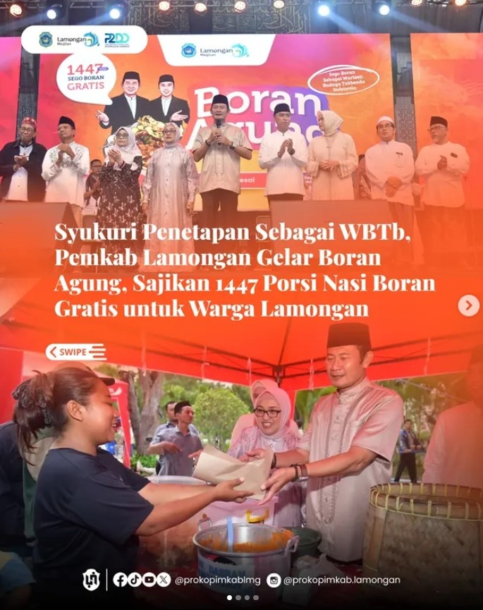 Foto: Syukuri Penetapan Sebagai WBTb, Pemkab Lamongan Gelar Boran Agung, Sajikan 1447 Porsi Nasi Boran Gratis untuk Warga Lamongan