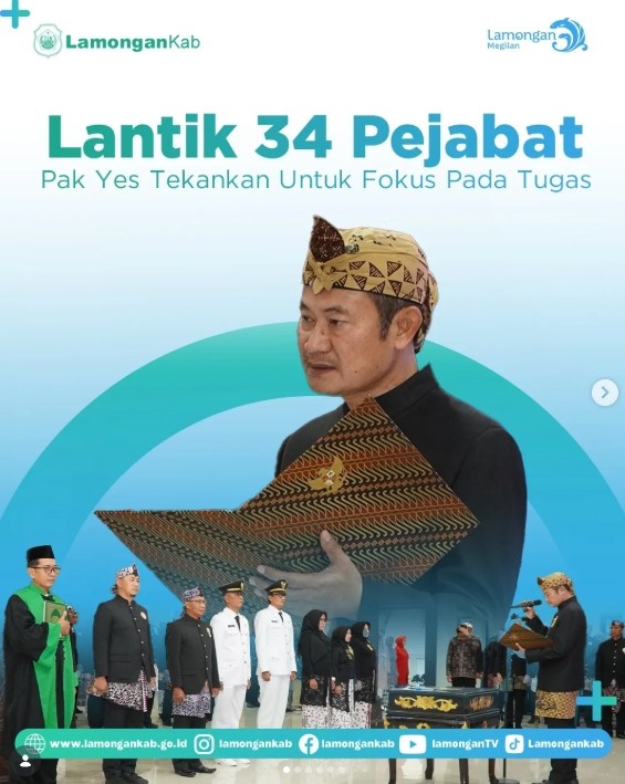 Foto: Bupati Lamongan Yuhronur Efendi resmi melantik dan mengambil sumpah jabatan sebanyak 34 pejabat di lingkungan Pemerintah Kabupaten Lamongan