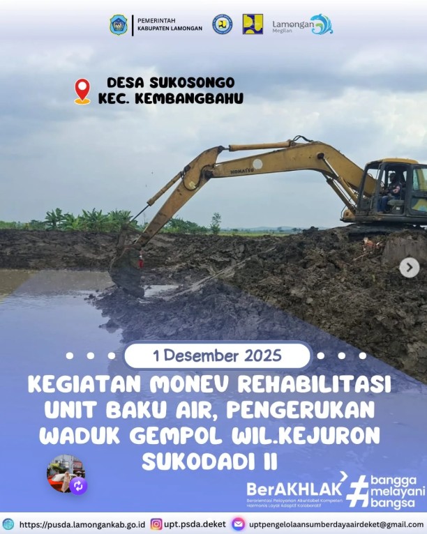 Foto: Kegiatan Monev Rehabilitasi Unit Baku Air, Pengerukan Waduk Gempol Wilayah Kejuron Sukodadi II