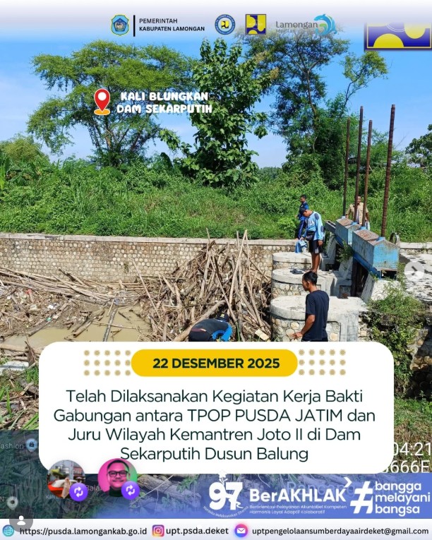 Foto: Kegiatan Kerja Bakti Gabungan Antara TPOP PUSDA Jatim dan Juru Wilayah Kemantren Joto II di Dam Sekarputih Dusun Balung