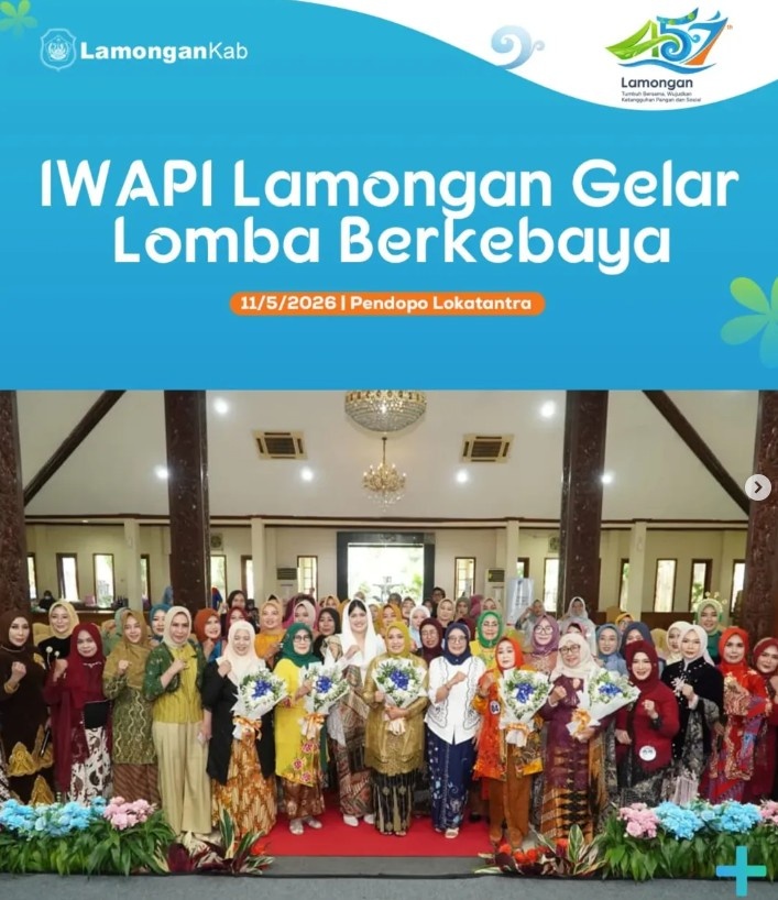 Foto: Dalam rangka memperingati Hari Kartini ke 147 Tahun 2026, IWAPI (Ikatan Wanita Pengusaha Indonesia) Cabang Lamongan menggelar Rapat Pleno juga Lomba Berkebaya pada Senin (11/5) di Pendopo Lokatantra