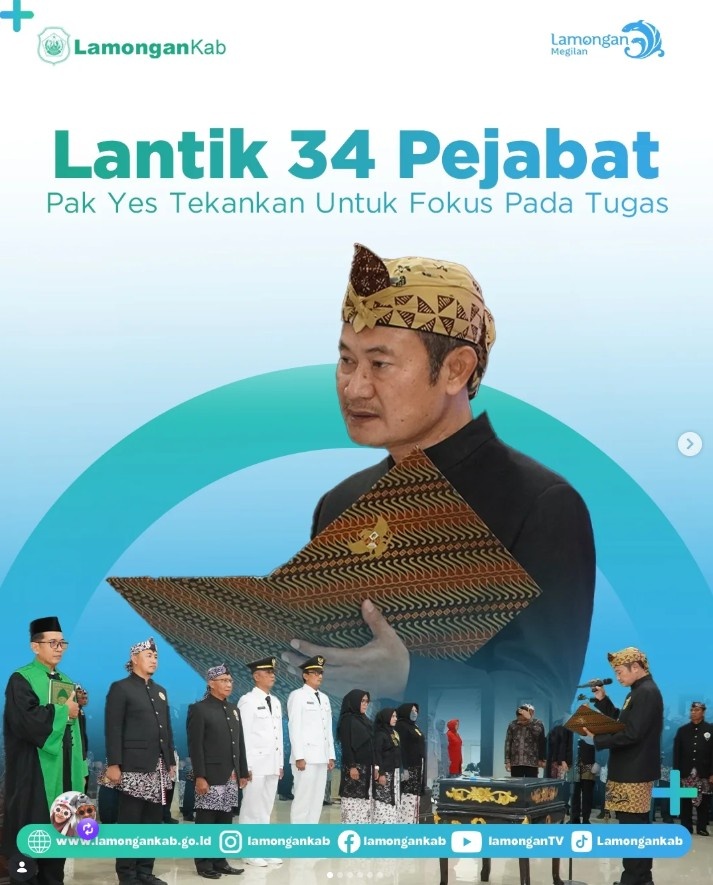 Foto: Bupati Lamongan Yuhronur Efendi resmi melantik dan mengambil sumpah jabatan sebanyak 34 pejabat di lingkungan Pemerintah Kabupaten Lamongan