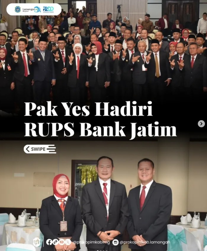 Foto: Bupati Lamongan Yuhronur Efendi menghadiri Rapat Umum Pemegang Saham (RUPS) Bank Jatim Tahun Buku 2025 yang diselenggarakan di Kantor Pusat Bank Jatim, Surabaya