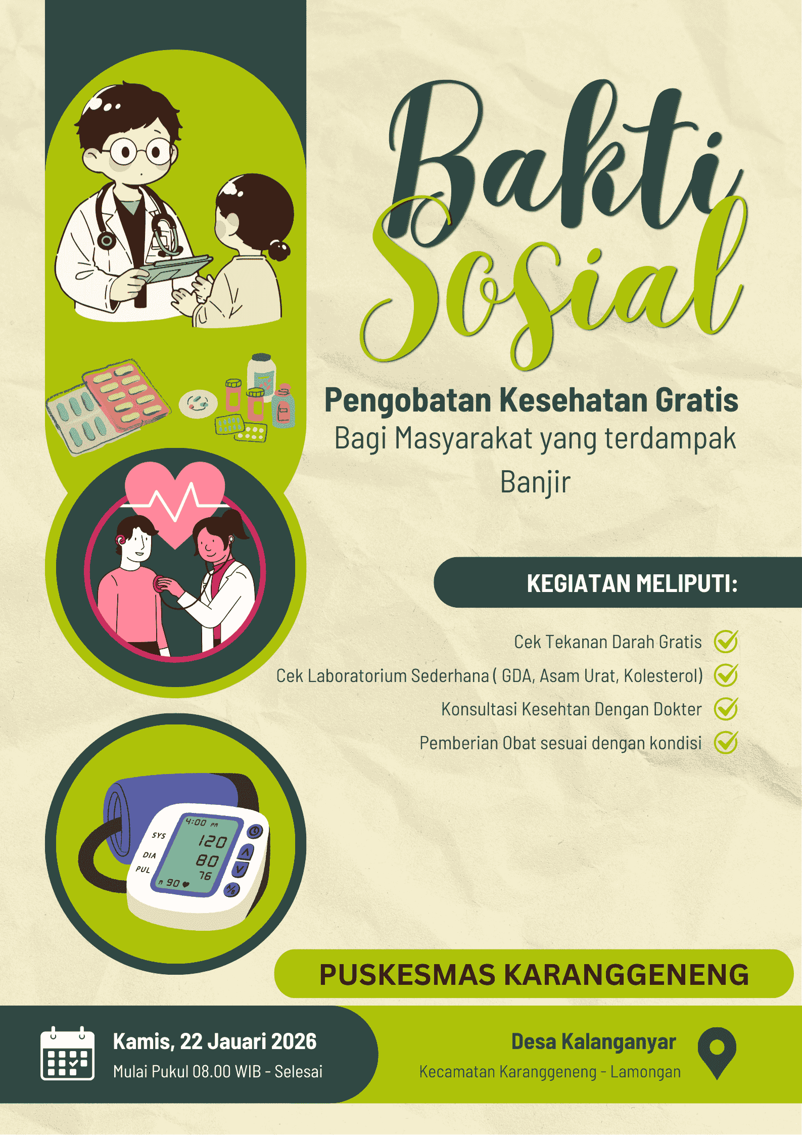 Baksos Pengobatan Gratis Masyarakat Terdampak Banjir di Desa Kalanganyar Kec. Karanggeneng Lamongan