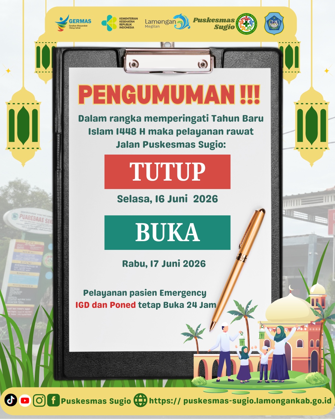 Foto: Pengumuman: Hari Raya Tahun Baru Islam 1448 H, Rawat Jalan Puskesmas Sugio Libur, Layanan IGD 24 Jam Tetap Siaga