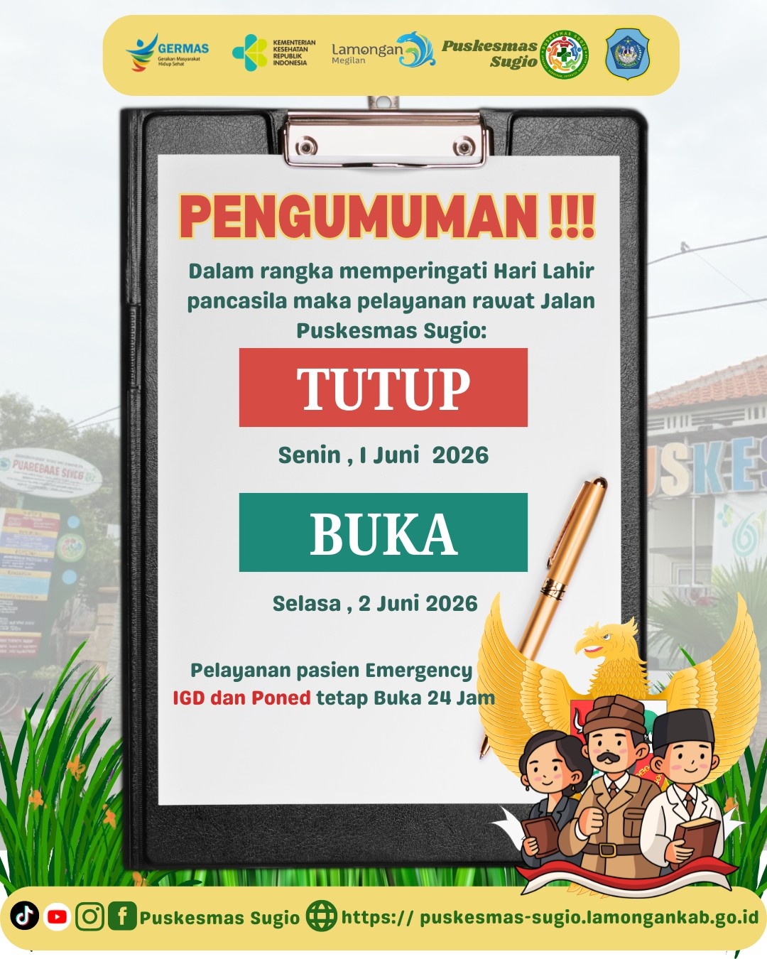 Foto: Pengumuman: Hari Lahir Pancasila 1 Juni, Rawat Jalan Puskesmas Sugio Libur, Layanan IGD 24 Jam Tetap Buka