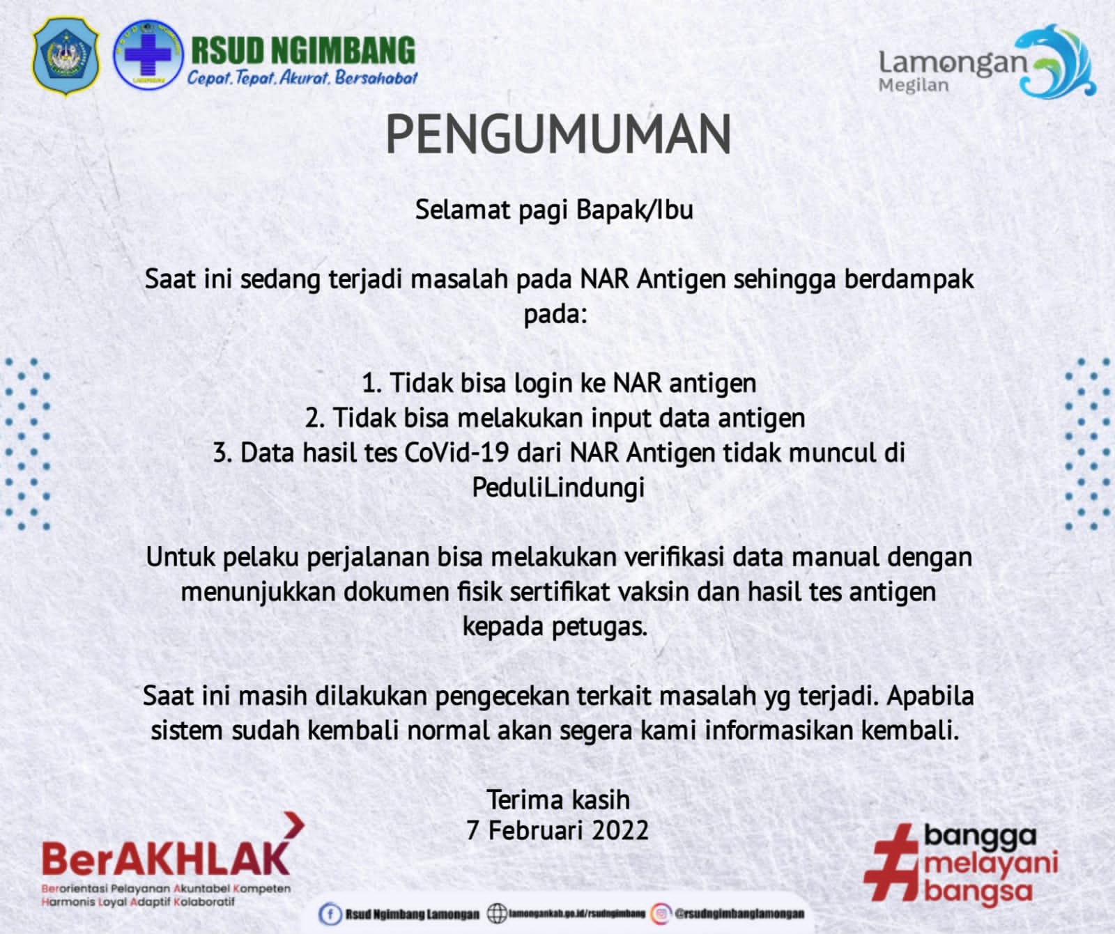Saat Ini sedang terjadi masalah NAR Antigen