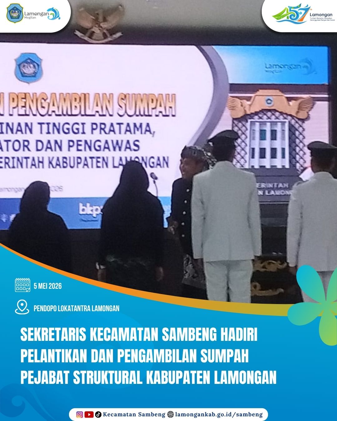 Foto: OPTIMALKAN PELAYANAN PUBLIK, KECAMATAN SAMBENG SAMBUT KASI PPM BARU RIFKY IVANSYAH KRISTANTO DALAM PELANTIKAN PEJABAT STRUKTURAL KABUPATEN LAMONGAN