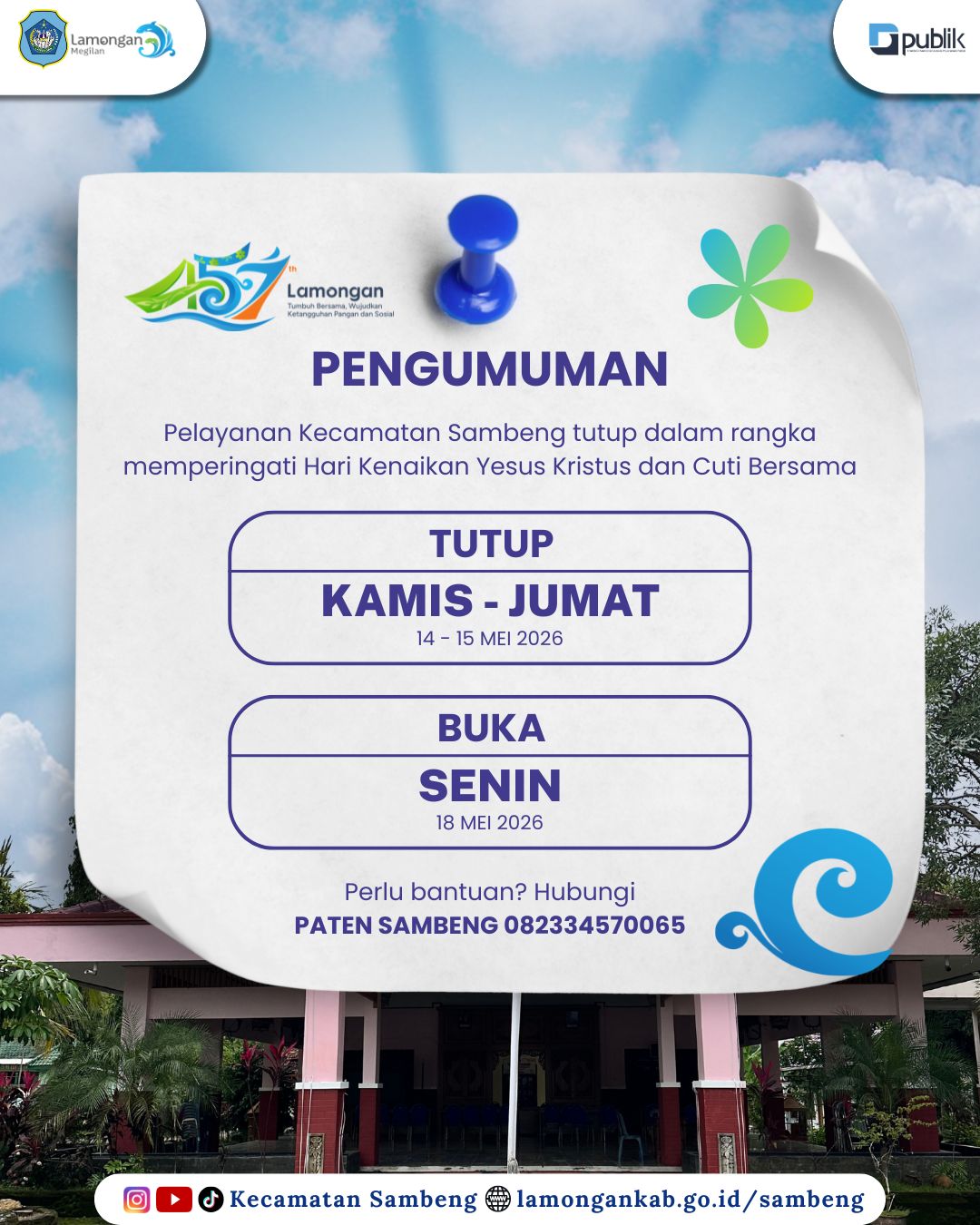 PENGUMUMAN: LAYANAN KECAMATAN SAMBENG TUTUP SEMENTARA TERKAIT HARI KENAIKAN YESUS KRISTUS DAN CUTI BERSAMA 2026