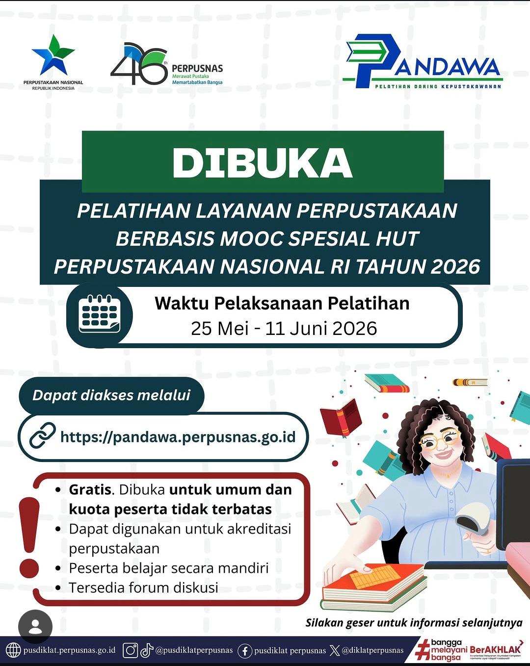 Foto: PELATIHAN LAYANAN PERPUSTAKAAN BERBASIS MOOC SPESIAL HUT PERPUSTAKAAN NASIONAL RI 2026
